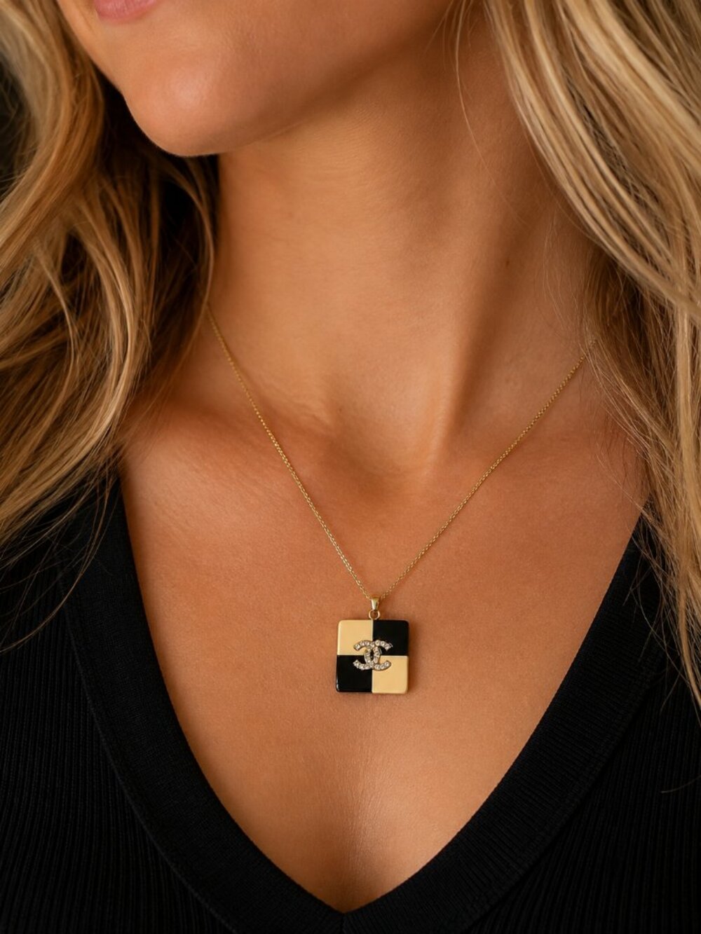 Chanel 24A CC Rhinestone Resin Checkerboard Pendant Made in France